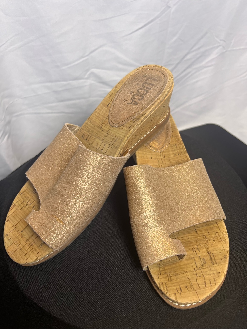 Metallic Cork Wedge Slide Sandals in Rose Gold Boho Chic